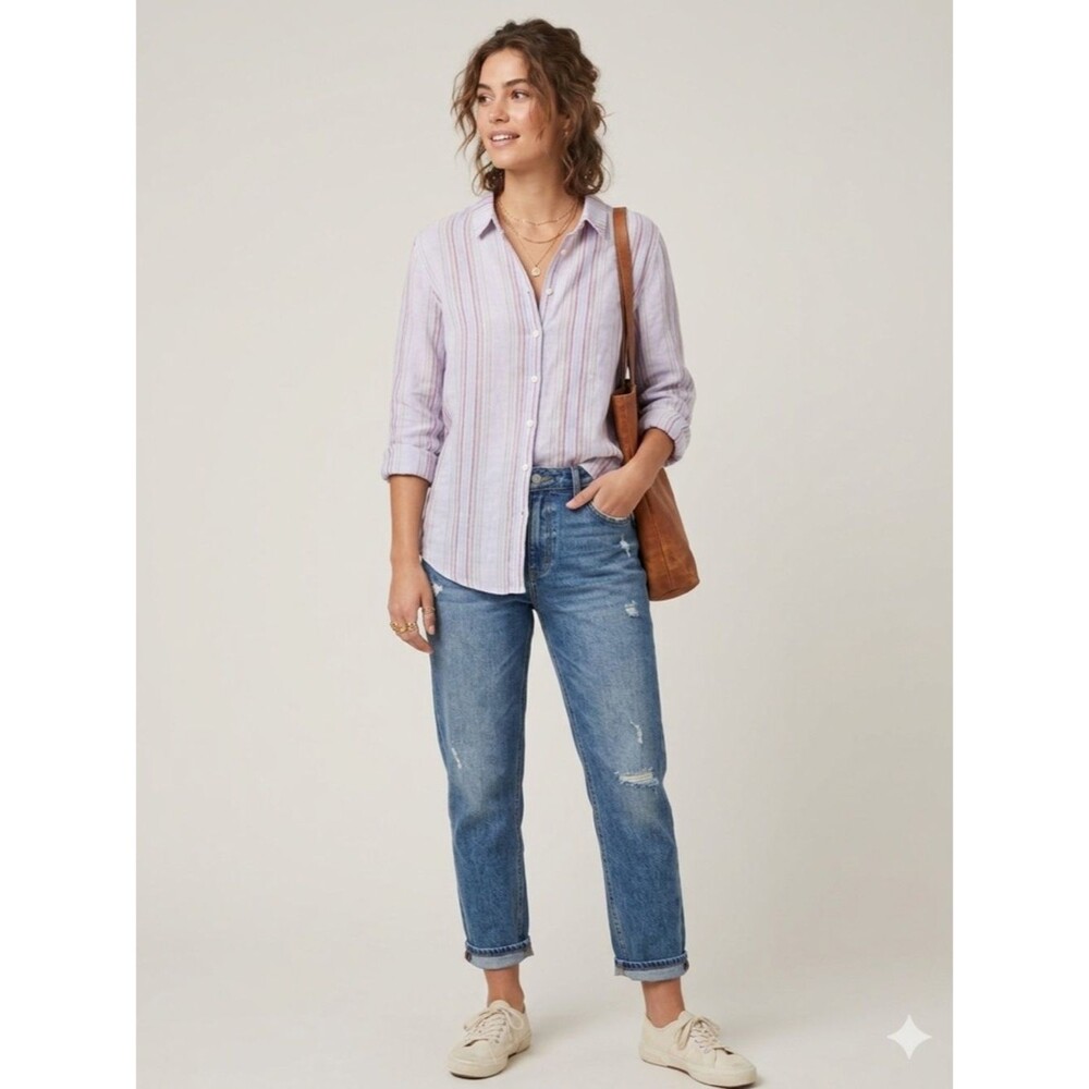 CP Shades Roma Linen Oversized Striped Button-Up Shirt USA Lavender Multi SZ XL